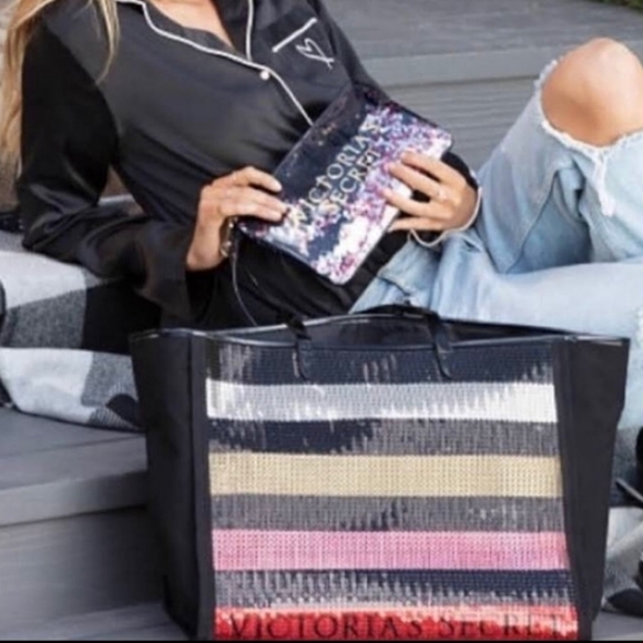 Victoria's Secret Handbags - Victoria's Secret Stripe Sequin Tote w/Make Up Bag